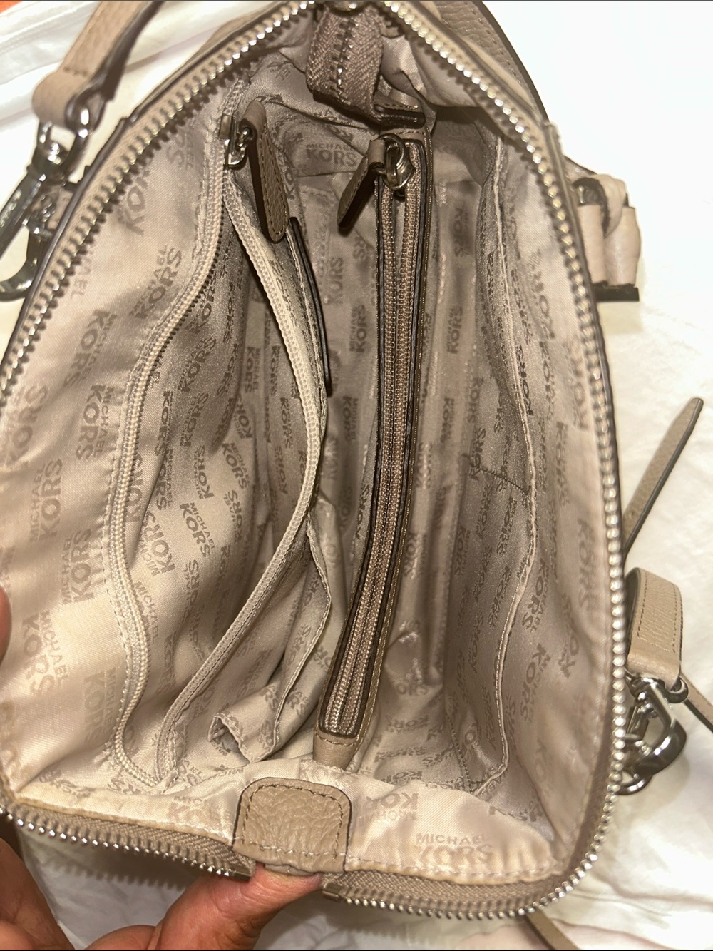 Michael Kors Brown & Beige Geometric Leather Satchel with MK Charm; 20-26” strap - Picture 4 of 15